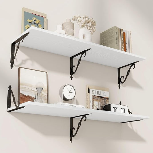 RICHFOCUS 12 Inch Deep Floating Shelves for Wall, 39" W x 12" D Wood Wall Shelves Set of 2, Wide Floating Shelves for Living Room, Bedroom, Kitchen, Bathroom and Decor Storage, White
