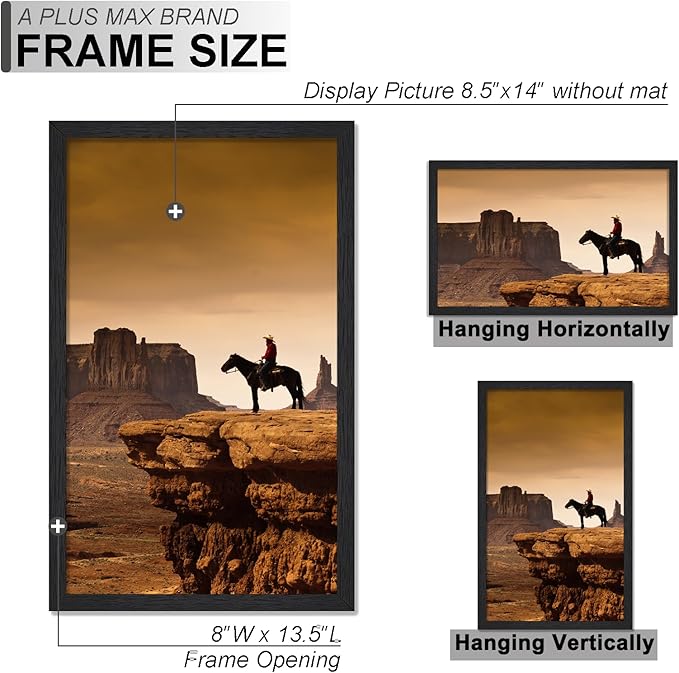A PLUS MAX 8.5x14 Picture Frame Set of 2, Black Engineered Wood Frame for 8.5 x 14 Inch Picture Poster Photo, Light Weight 8.5 by 14 Frame with Wood-grain for Wall - 2 Pack/Black/8.5