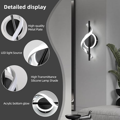 LED Wall Sconces Indoor, 12W LED Wall Mount Lights, Modern Spiral Wall Lamp, 6000K Cold Light Fixture for Stairs, Living Room, Bedroom, Aisle, Hallway (Cold White, Black)