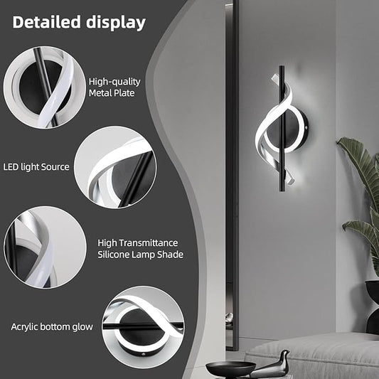 LED Wall Sconces Indoor, 12W LED Wall Mount Lights, Modern Spiral Wall Lamp, 6000K Cold Light Fixture for Stairs, Living Room, Bedroom, Aisle, Hallway (Cold White, Black)