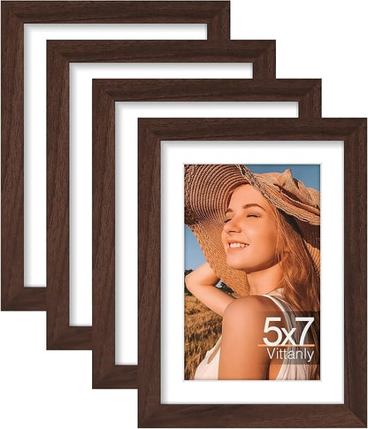 Vittanly 5x7 Picture Frame Set of 4, Display Pictures 4x6 with Mat or 5x7 without Mat, Engineered Wood with Shatter Resistant Plexiglass, Small Photo Frames for Wall or Tabletop Display, Brown