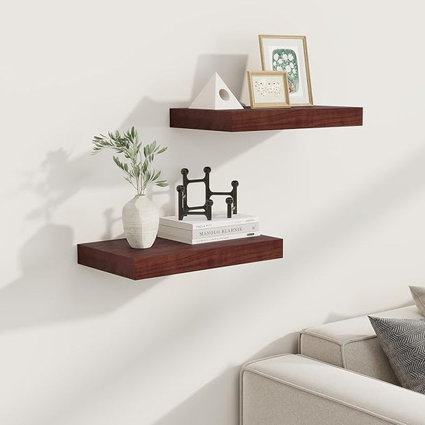 Fun Memories 9 Inch Deep Floating Shelves, Rustic Solid Wood Floating Shelf 16 Inch Long, 16 x 9 Wide Bathroom Shelves for Storage & Display, Red Brown