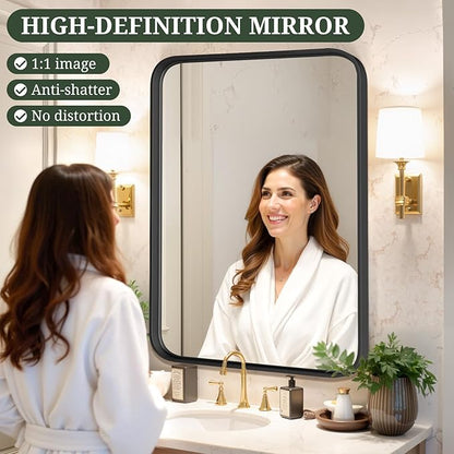 Bathroom Mirror 40x30 Inch Black Metal Frame Rectangle Vanity Mirror with Rounded Corners, Modern Wall Mounted Anti-Rust Mirror for Farmhouse, Restroom, Entryway, Horizontal or Vertical Hanging
