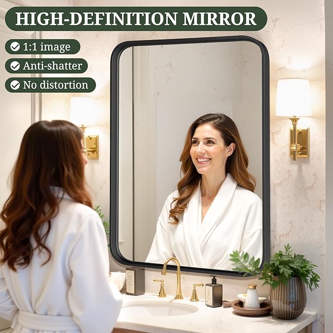 Bathroom Mirror 40x30 Inch Black Metal Frame Rectangle Vanity Mirror with Rounded Corners, Modern Wall Mounted Anti-Rust Mirror for Farmhouse, Restroom, Entryway, Horizontal or Vertical Hanging