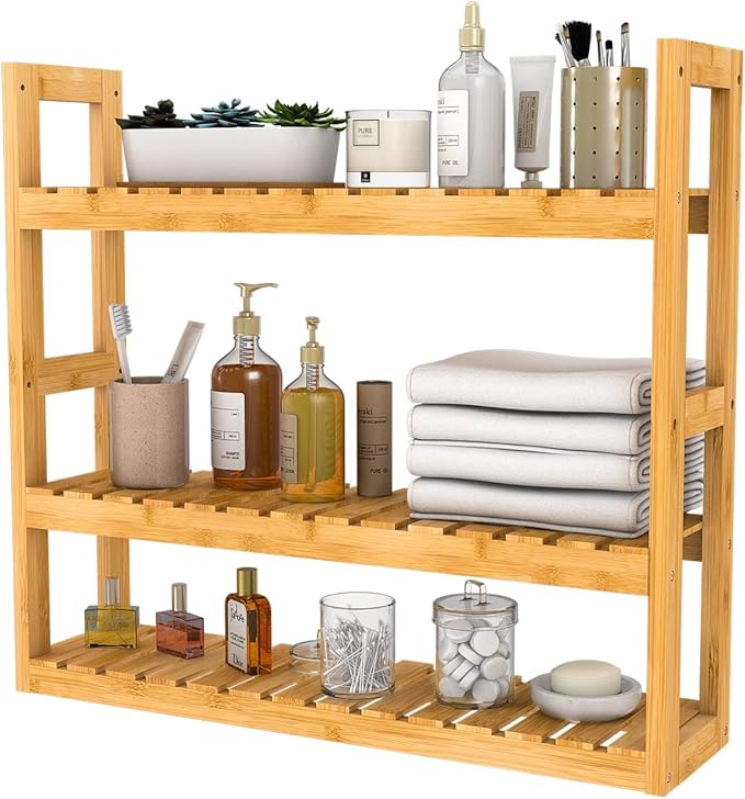 Domax Bamboo Bathroom Shelf 3-Tier Wall Mount Storage Rack Multifunctional Adjustable Layer Free Standing Over Toilet Utility Shelves Living Room Kitchen (Bamboo)