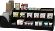 Suli Exact Large Coffee Station Organizer,Wooden Countertop Pods Holder with Drawer,Storage for Condiment Syrup Tea Cups,Rustic Bar Decor for Accessories Organizer (3 Tiers 18 Compartments)-Black