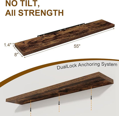 Fun Memories 55 Inch Floating Shelves for Wall 2 Pack Shelves for Bedroom|Kitchen|Bathroom Wall Mounted Rustic Wood Floating Shelf with Invisible Brackets for Books|Storage|Decor, Rustic Brown
