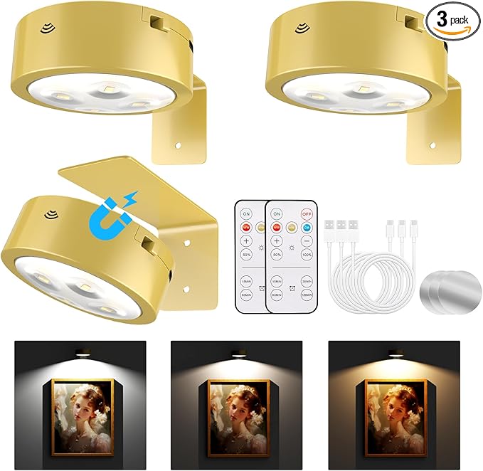 3-Pack Picture Lights for Wall, Rechargeable Battery Magnetic Poster Lights with Remote Dimmable 3-Color Temps & Timer, LED Art Display Lighting for Paintings, Frames & Wall Art Decor (Gold)