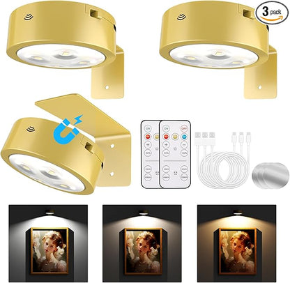 3-Pack Picture Lights for Wall, Rechargeable Battery Magnetic Poster Lights with Remote Dimmable 3-Color Temps & Timer, LED Art Display Lighting for Paintings, Frames & Wall Art Decor (Gold)
