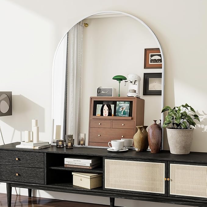 32 x 34 inch Arch Wall Mirror, White Arched Bathroom Vanity Mirrors for Over Sink, Metal Frame Room Wall Decor Haning or Leaning for Entryway, Bedroom, Living Room