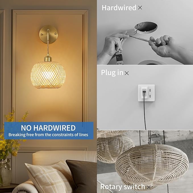 Gold Battery Operated Wall Sconces Set of 2 with Remote, Rechargeable Rattan Battery Powered Wall Lights/Lamps, Wireless Boho Lighting Fixtures for Bedroom Farmhouse, 15 Colors Dimmable,8''