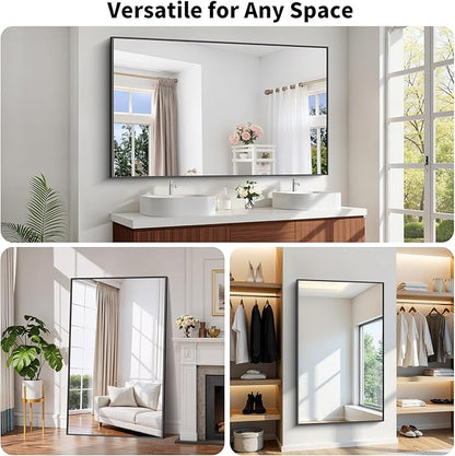 Koonmi Black Framed Bathroom Mirror - Shatterproof 36"x60" Tempered Glass, HD No Distortion, Horizontal/Vertical Mount, Modern Matte Aluminum Alloy Frame