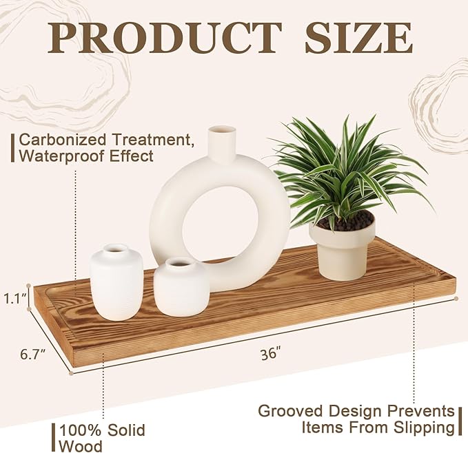 Solid Wood Floating Shelves Bathroom 36 inch Rustic Wall Wood Display Shelves with Grooves Set of 2 Home Decor for Living Room Bedroom Kitchen Farmhouse 36x6.7 inch - Brown
