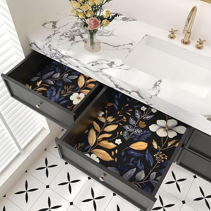 Vintage Dark Floral Wallpaper Peel and Stick Blue/Gold Leaf Wallpaper Waterproof Self Adhesive Removable Boho Wall Paper Modern for Bedroom Walls Drawer Cabinet 17.5in x 197in