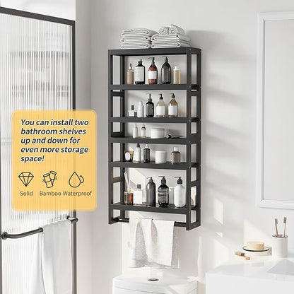 Bathroom Shelves with Hanging Bar Over Toilet Storage - Adjustable Wall Organizer (Black)