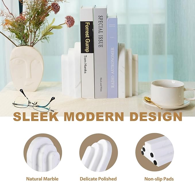 Natural Marble Book Ends - Heavy Duty Bookends for Shelves - Aesthetic Layered Arch Design Stone Book Holders, Decorative Modern Office Bookshelf Stopper Decor for Books/CDs, White