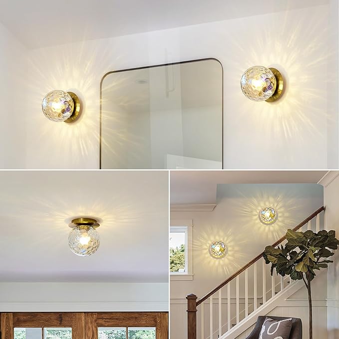 Modern Glass Globe Wall Sconce: Gold Spherical Sconces Light with Hammered Stained Glass Shade - Small Brass Vanity Single Ball Lights Fixture - Contemporary Wall Mounted Lamp for Bedroom Living Room
