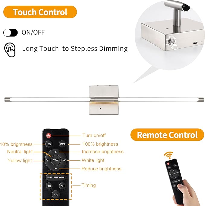 40 Inch Sand-Nickel Battery Operated Wall Sconces Set of Two, Dimmable Wall Sconces with Remote Control, Rechargeable Sconces, LED Wireless Wall Lights for Bedroom, Living Room, Bathroom