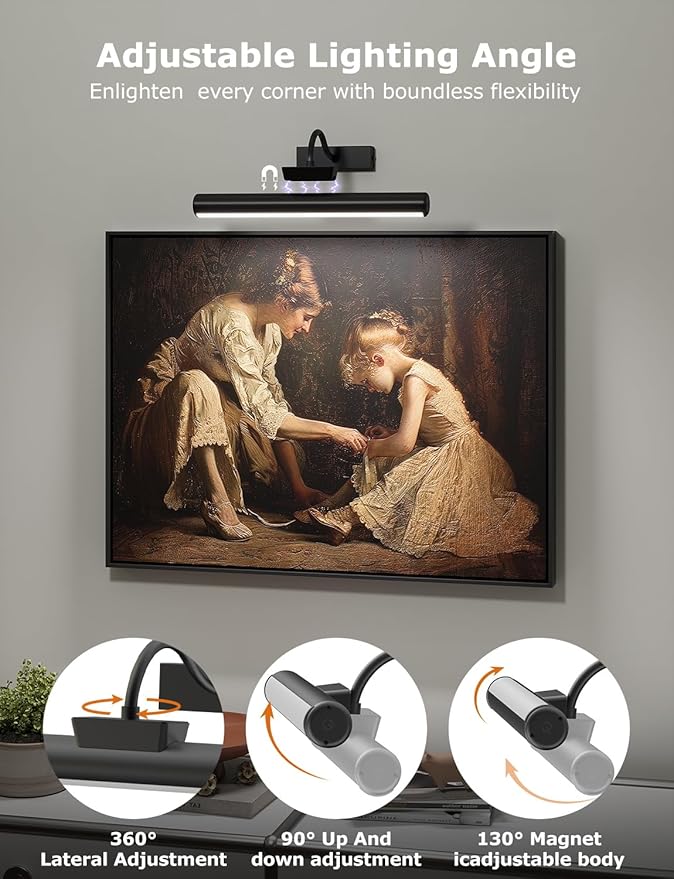 Picture Light with Remote, 16in Battery Operated Picture Lights for Wall 5000mAh, 3 Color Modes and Dimmable LED Art Lighting with Timer for Painting, Frame, Gallery (Black-1Pack)