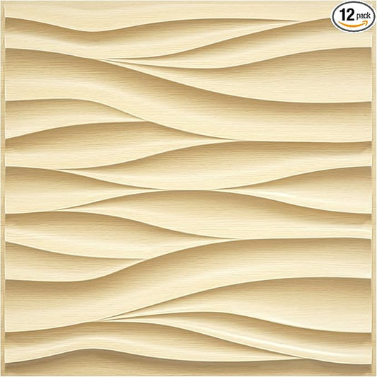 STICKGOO Wave Wall Panels for Interior Wall Decor, Light Oak 3D Wall Panels Accent Wall, Paintable 3D Wall Decor Covering Panels for Living Room Bedroom, Pack of 12 Tiles