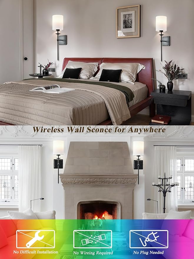 Battery Operated Wall Sconces Set of 2 Sconces Wall Decor Black Cordless Wall Sconces with Remote 12 Colors Modes Rechargeable Wireless Wall Lights Wall lamp for Bedroom Living Room