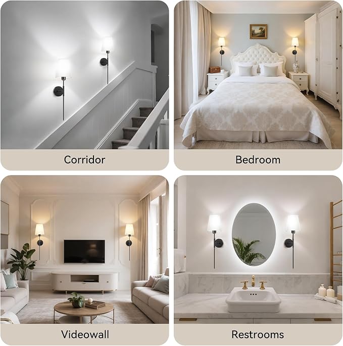 25.6 inch Battery Operated Wall Sconces Set of 2, Wireless Wall Lights with Rechargeable Bulbs & Remote, 15 Colors & Dimmable, Battery Powered Wall Lights for Bedroom, Living Room,Hallway,Black