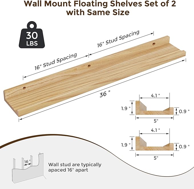 RICHFOCUS Floating Shelves for Wall, 36 inch Solid Wood Picture Ledge Shelf for Wall Storage, Nursery Book Shelves with Lip for Living Room Bathroom Bedroom Kitchen, Set of 2, Natural