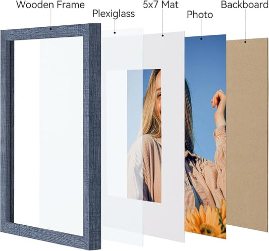 Vittanly 8x10 Picture Frames Set of 4, Display Pictures 5x7 with Mat or 8x10 without Mat, Gallery Frame Set for Wall or Tabletop Display, Engineered Wood with Shatter Resistant Plexiglass, Navy Blue