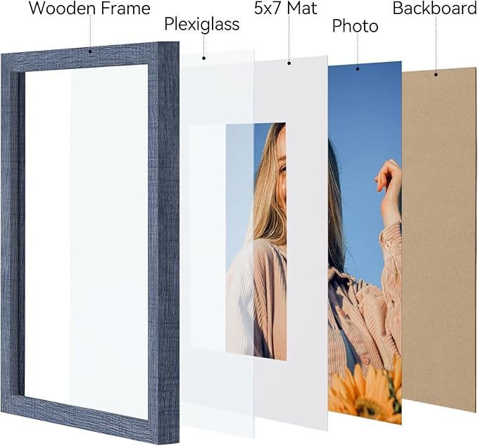 Vittanly 8x10 Picture Frames Set of 4, Display Pictures 5x7 with Mat or 8x10 without Mat, Gallery Frame Set for Wall or Tabletop Display, Engineered Wood with Shatter Resistant Plexiglass, Navy Blue