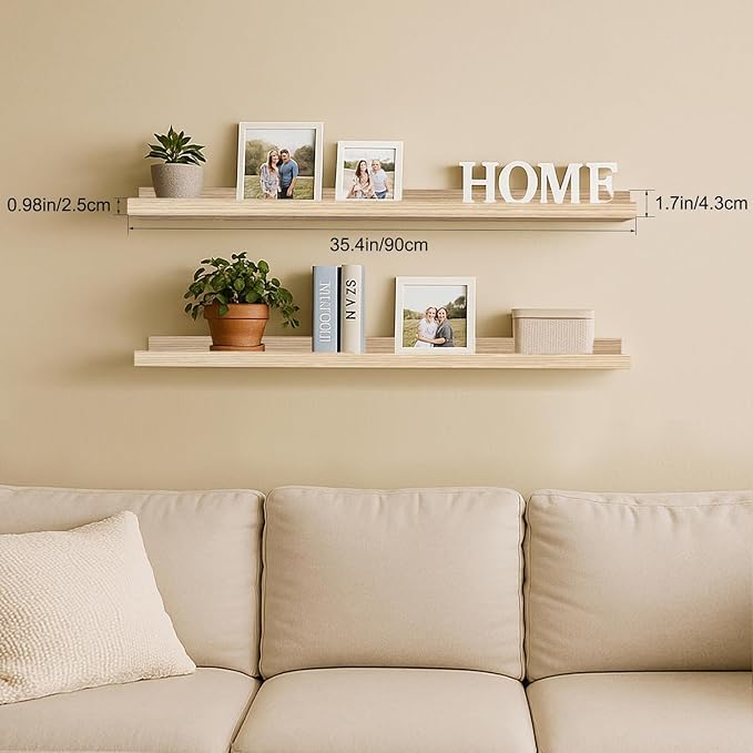 36inch Floating Picture Ledge Shelves 2-Pack, Oak Wall Mounted Shelves with Lip for Nursery, Kids Room, Living Room & Bedroom, Sturdy Floating Book Shelves for Photo Frames & Decor