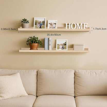 36inch Floating Picture Ledge Shelves 2-Pack, Oak Wall Mounted Shelves with Lip for Nursery, Kids Room, Living Room & Bedroom, Sturdy Floating Book Shelves for Photo Frames & Decor