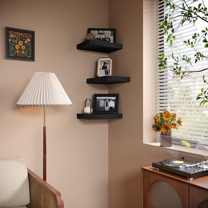 Small Floating Shelves for Wall - 12 x 9 Inch Black Shelves for Bedroom, Living Room, Bathroom, Kitchen, Office Decor Set of 3