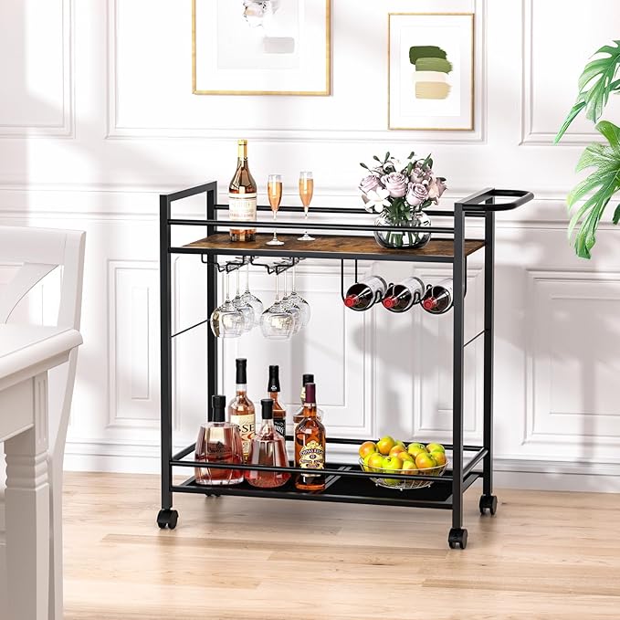 Bar Cart,Home Bar Serving Cart with Storage Shelves, 2 Tier Rolling Beverage Cart with Wheels, Modern Retro Brown Wine Cart with Wine Rack and Glass Holder for Kitchen, Dinning Room,Living Room