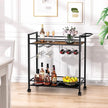 Bar Cart,Home Bar Serving Cart with Storage Shelves, 2 Tier Rolling Beverage Cart with Wheels, Modern Retro Brown Wine Cart with Wine Rack and Glass Holder for Kitchen, Dinning Room,Living Room