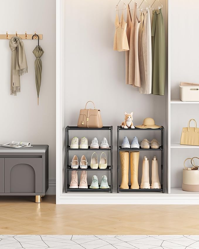 4 Tiers Small Shoe Rack,Narrow Stackable Shoe Shelf Organizer,Sturdy Shoe Stand, Non-Woven Fabric Metal Shoe Racks for Entryway, Doorway and Bedroom Closet