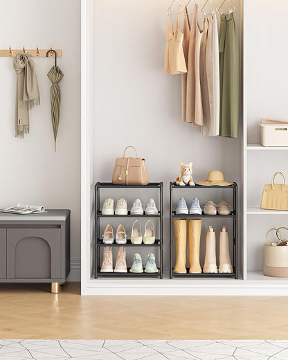 4 Tiers Small Shoe Rack,Narrow Stackable Shoe Shelf Organizer,Sturdy Shoe Stand, Non-Woven Fabric Metal Shoe Racks for Entryway, Doorway and Bedroom Closet