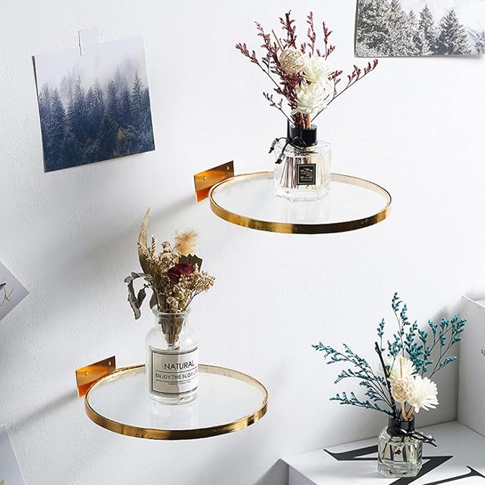 Cityelf Floating Shelves Wall Mounted Wall Decor Iron Glass Hanging Shelf Home Decor Set of 3 Display Ledge Shelves for Living Room Bedroom Office-Gold-S