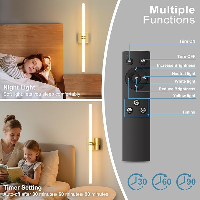 Battery Operated Wall Sconce 1Pack, Gold Rechargeable Wall Lights with Dimmable Remote Control, 30 Inch 3000K-6000K LED Wireless Wall Lamps for Bedroom, Hallway, Background Wall
