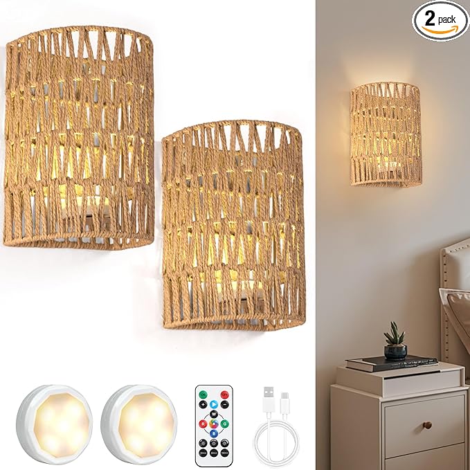 Boho Wall Decor Rechargeable Wall Sconce, 18 RGB Colors Dimmable Wireless Wall Lights Battery Operated Wall Sconce for Bedroom Living Room Hallway, Natural Hemp Rope Boho Decor