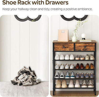 5 Tier Shoe Rack, Large Capacity Shoe Storage Organizer, Metal Shoe Shelf with Drawer and Wooden Top, for 20 Pairs of Shoes, for Entryway, Closet, Rustic Brown and Black SS25BRY1N1