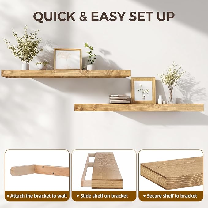 48x6.8x2in Floating Shelf – Natural Oak Solid Wood Rustic Mounted Shelf – Heavy Duty Decorative Storage for Living Room, Kitchen, Bathroom, Bedroom