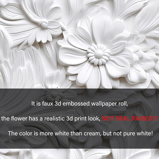 LACHEERY 3D Floral Wallpaper Peel and Stick Faux Embossed Wallpaper 17.5"x276" White Flower Wallpapers Vinyl Floral Contact Paper Peel and Stick Accent Wall Paper for Bedroom Bathroom Walls Cabinets