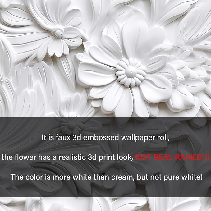 LACHEERY 3D Embossed Wallpaper White Floral Peel and Stick Wallpaper Modern Self Adhesive Removable Leaf Flower Contact Paper for Cabinets and Drawers Bedroom Living Room Wall Paper Roll 17.5