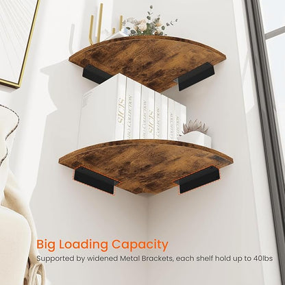 Homode Corner Shelf Wall Mount, 12 Inch Wood Floating Corner Shelves with Cord Hole, Set of 2 Large Corner Hanging Shelves for Bathroom Bedroom Kitchen, Rustic Brown