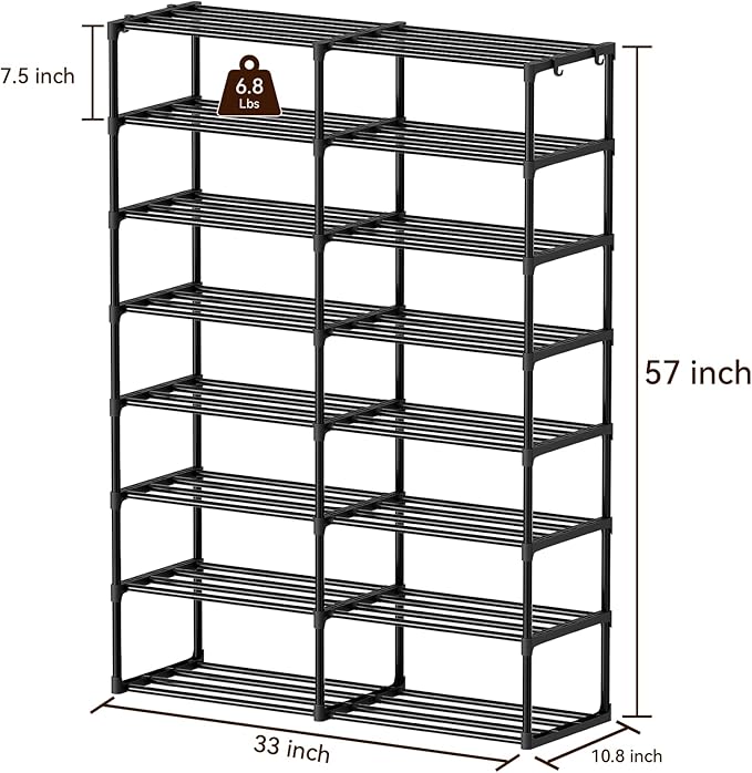 SUFAUY Large Shoe Rack Organizer, 2 Row 8 Tier 32-40 Pairs with Hooks, Sturdy Metal, DIY Stackable &Adjustable, Black