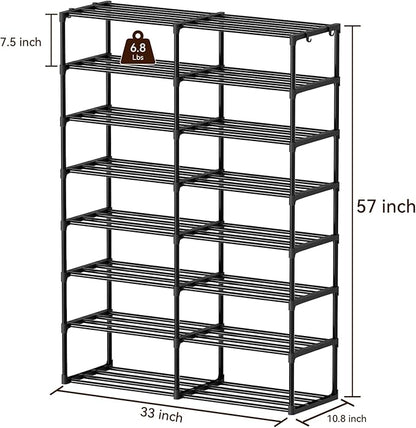 SUFAUY Large Shoe Rack Organizer, 2 Row 8 Tier 32-40 Pairs with Hooks, Sturdy Metal, DIY Stackable &Adjustable, Black