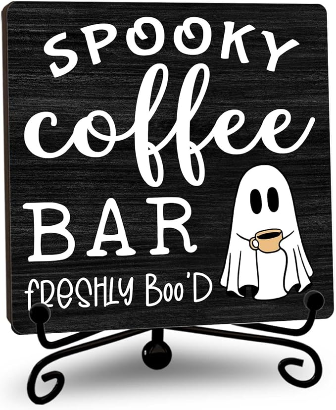 Halloween Coffee Bar Decor, Freshly Booed Wooden Coffee Signs for Home Office Desk Shelf, Spooky Ghost Tabletop Centerpieces for Kitchen Accessories - A07