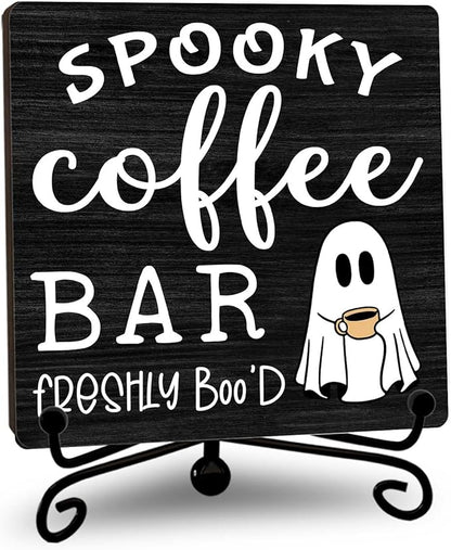 Halloween Coffee Bar Decor, Freshly Booed Wooden Coffee Signs for Home Office Desk Shelf, Spooky Ghost Tabletop Centerpieces for Kitchen Accessories - A07
