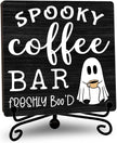 Halloween Coffee Bar Decor, Freshly Booed Wooden Coffee Signs for Home Office Desk Shelf, Spooky Ghost Tabletop Centerpieces for Kitchen Accessories - A07