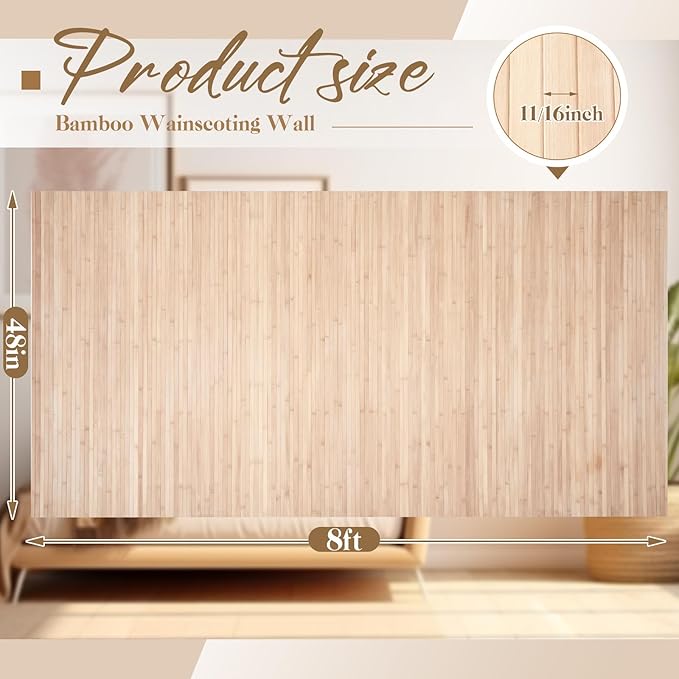 Juexica 3 Pcs Natural Bamboo Wall Panel for Interior Wall 48''x96'' Bamboo Covering Renewable Pole Wainscoting Room Divider Wrap Decor for Bedroom Living Room Kitchen Island Office (Light Carbonized)